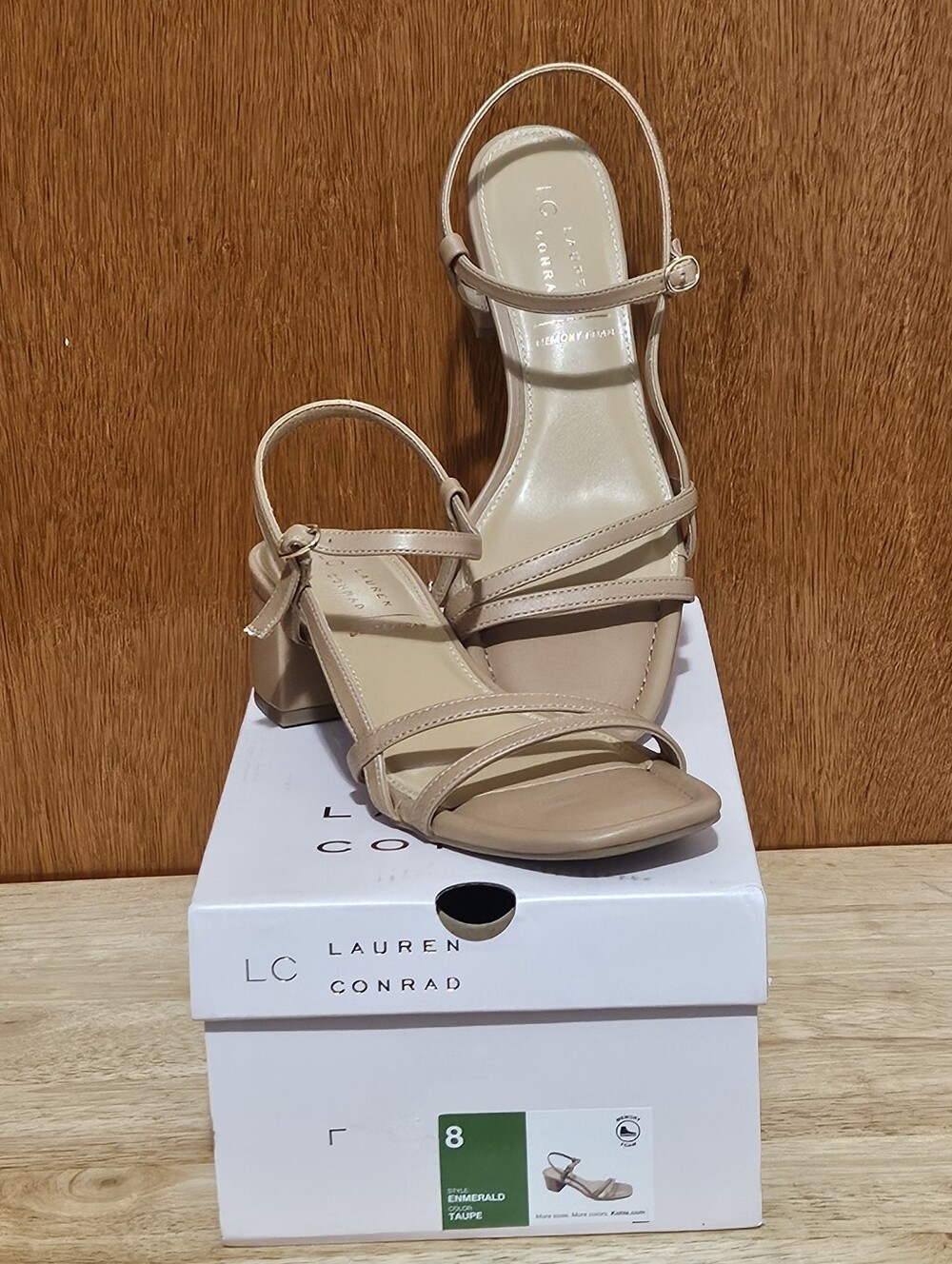 LC Lauren Conrad Emerald Women's Size 8 Taupe Asymmetrical Strap Low Heel NIB